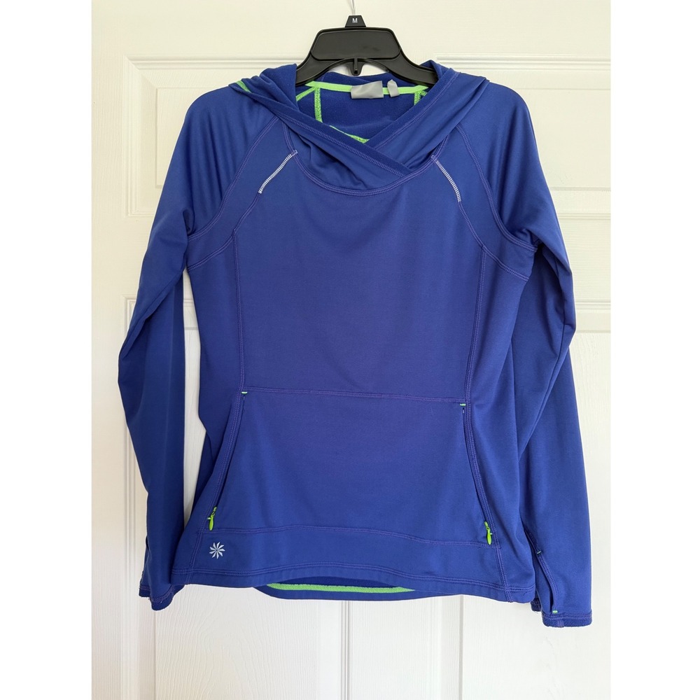 Athleta Blue Fleece Pullover Hoodie Lime Green Trim Thumbholes Small